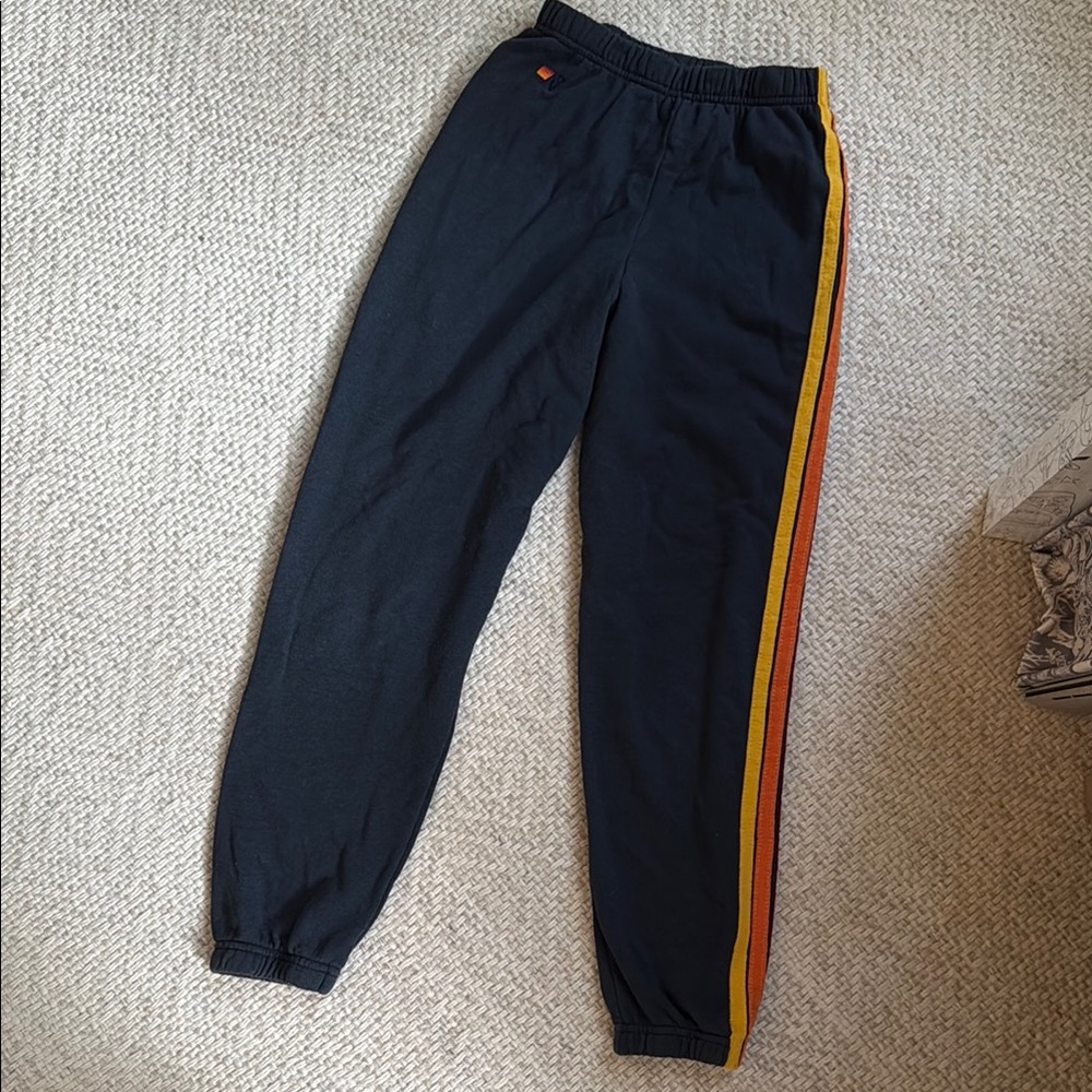 Aviator Nation Kids Navy Sweatpants with Yellow and Orange Stripes